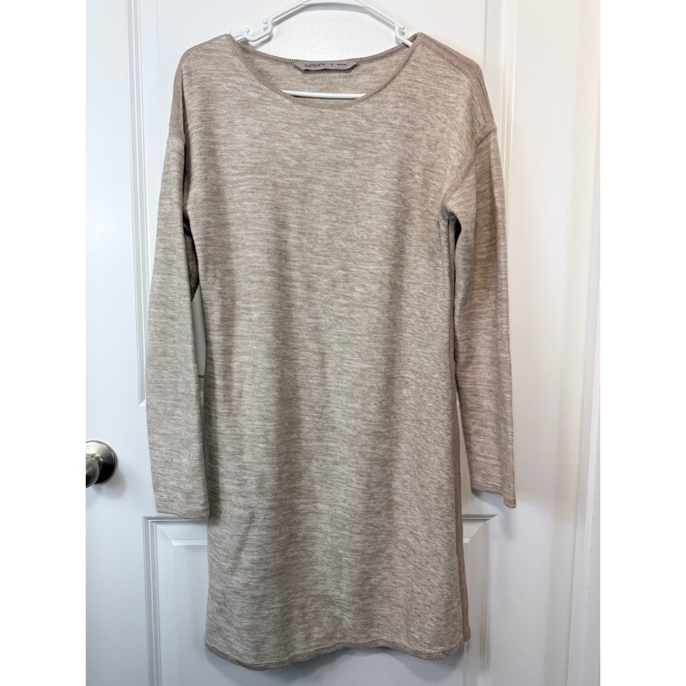 Athleta Womens Oatmeal Heather Knit Long Sleeve Shift Sweater Dress M Athleisure